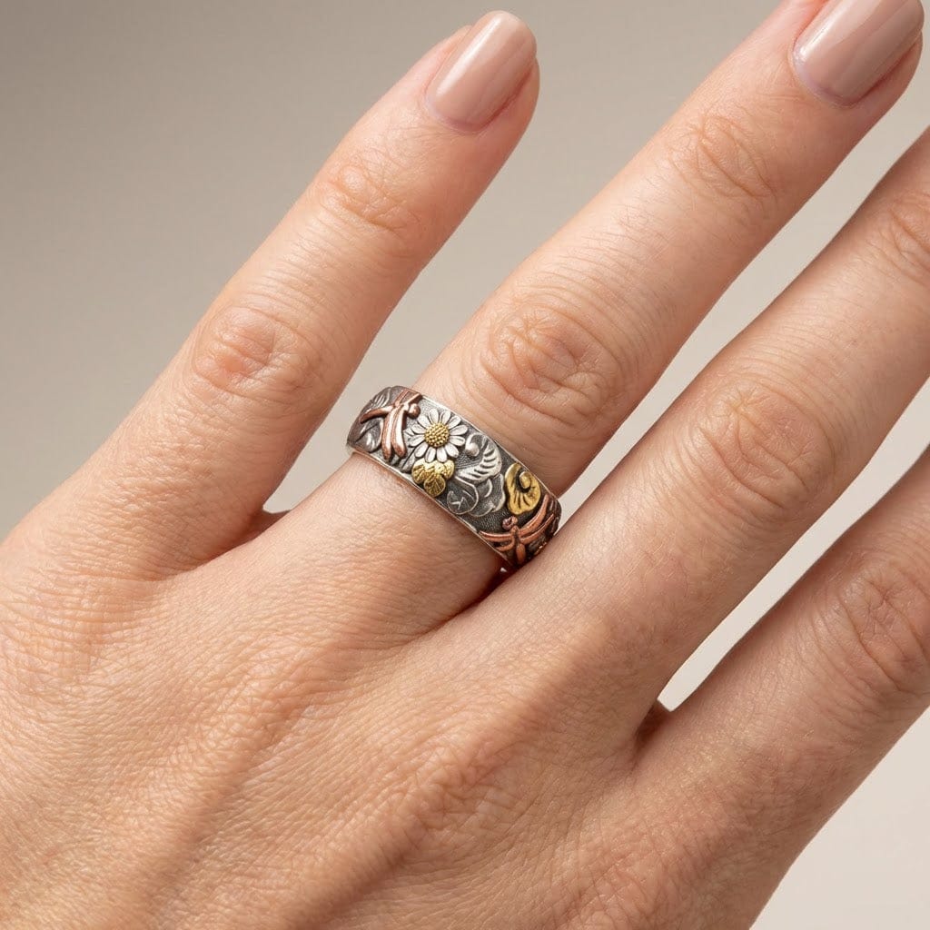 ANILLO DE PLATA VINTAGE HECHO A MANO CON DISEÑO DE LIBÉLULA Y GIRASOL