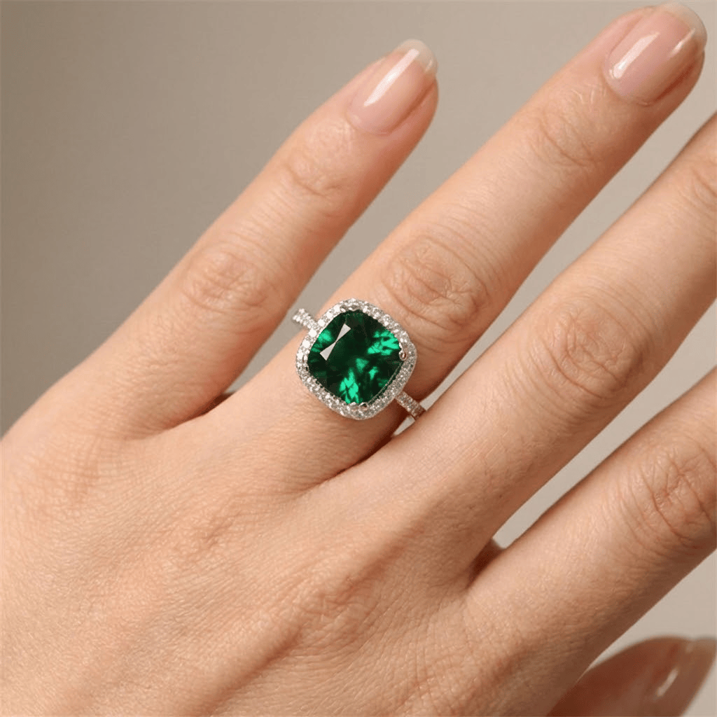 ANILLO DE COJÍN CON HALO DE ESMERALDA VERDE