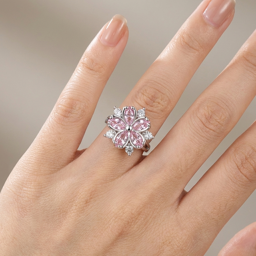 ANILLO DE PLATA CON CRISTAL DE FLOR DE CEREZO ROSA - (AJUSTABLE)