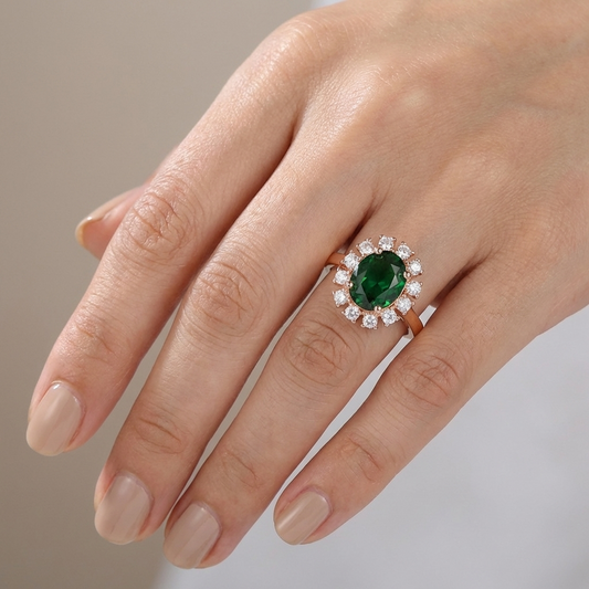 ANILLO DE ORO ROSA CON ESMERALDAS Y DIAMANTES CON HALO - (AJUSTABLE)