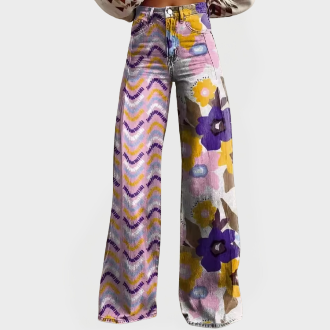Pantalones de mezclilla elegantes de pierna ancha y estampados