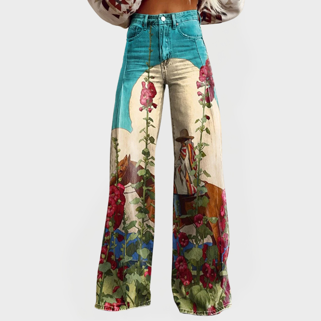 Pantalones de mezclilla elegantes con estampado floral y corte ancho
