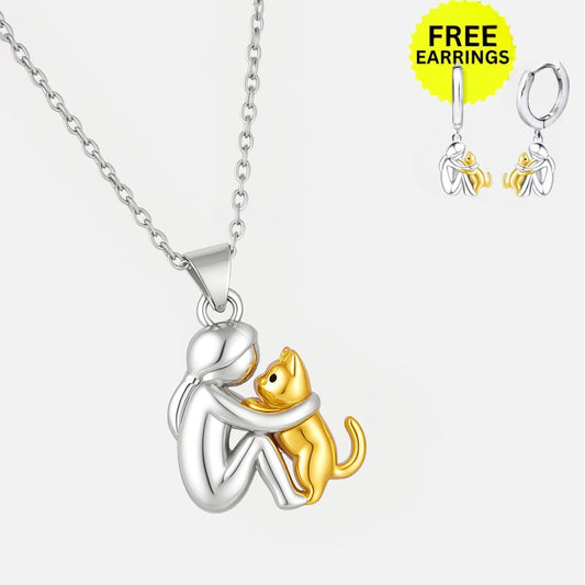 SET Collar con Colgante de Gato Abrazando y Pendientes de Regalo – Oferta por Tiempo Limitado