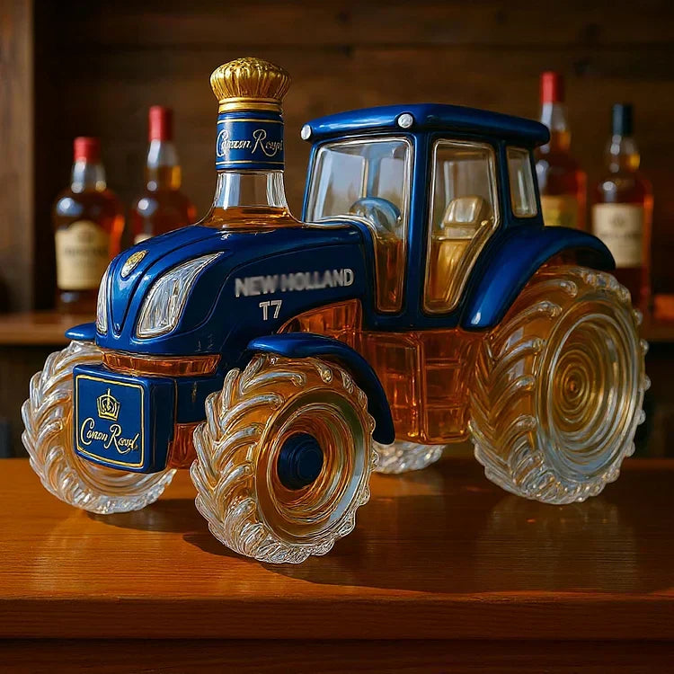 Whisky clásico de la casa con forma de tractor New Holland T7.