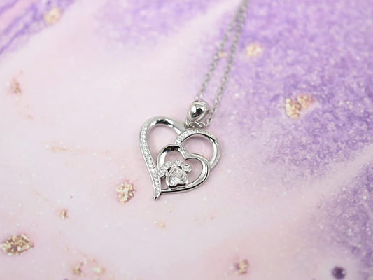 Collar De Plata De Ley Con Huella De Pata Y Corazón Con Circonita