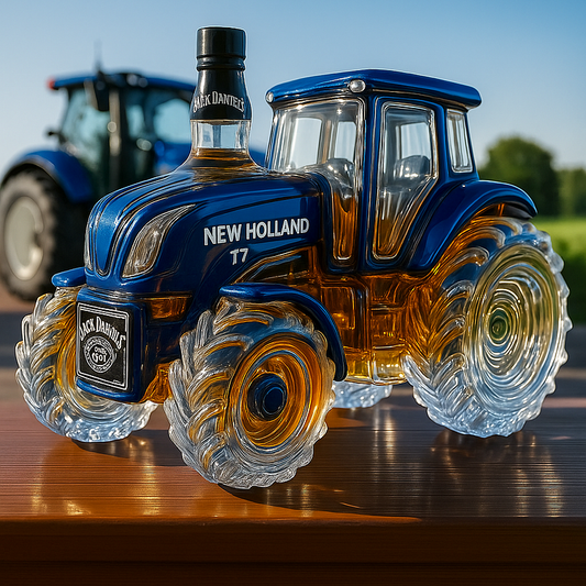 Whisky clásico de la casa con forma de tractor New Holland T7.