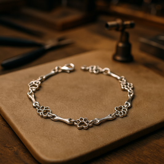 Pulsera de Edición Limitada De Huellas de Perro y Hueso de Plata Pura.