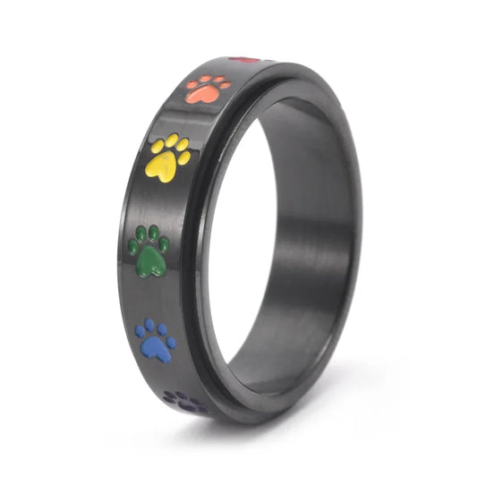 Anillo Giratorio Antiestrés Con Diseño De Pata – Acero Inoxidable Con Huellas De Patas Arcoíris