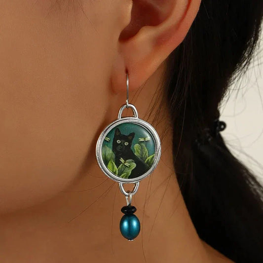Pendientes Colgantes Vintage De Gato Negro Tropical