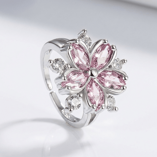 ANILLO DE PLATA CON CRISTAL DE FLOR DE CEREZO ROSA - (AJUSTABLE)