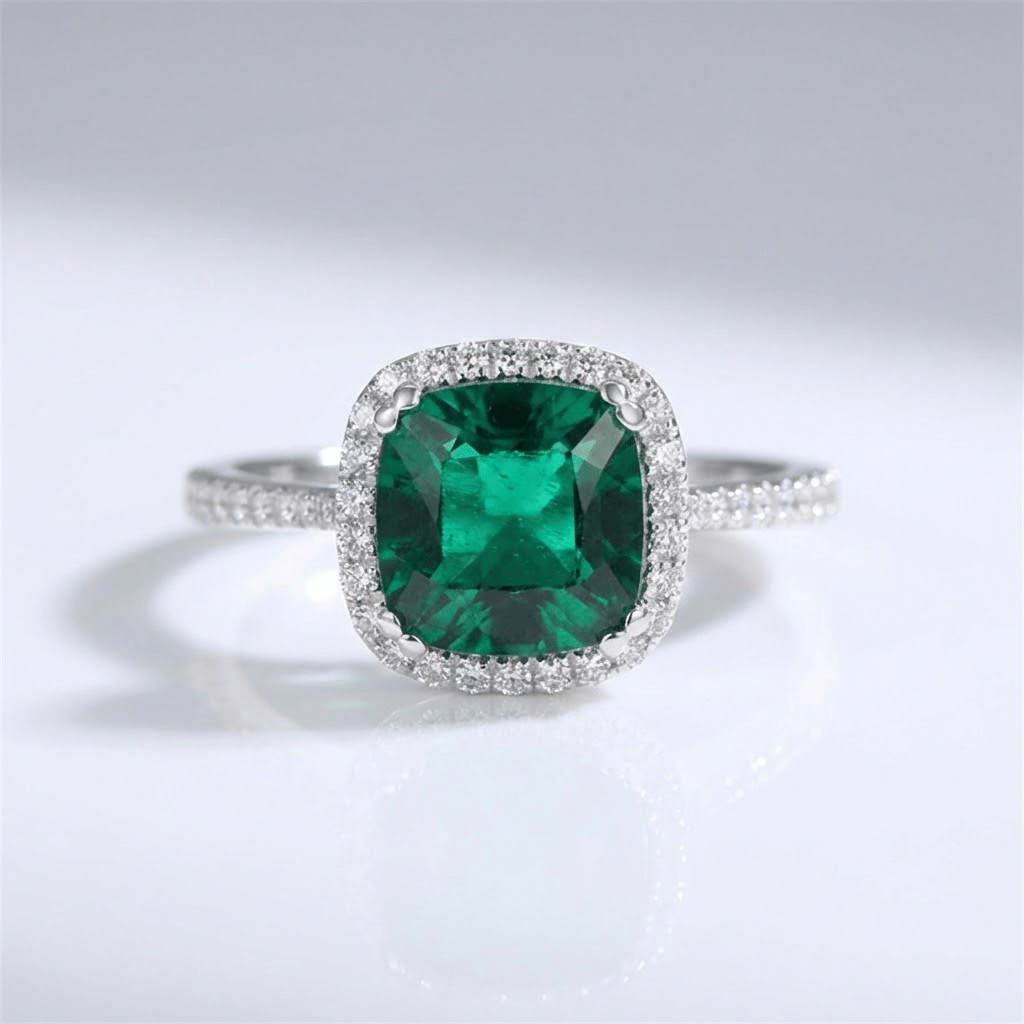 ANILLO DE COJÍN CON HALO DE ESMERALDA VERDE