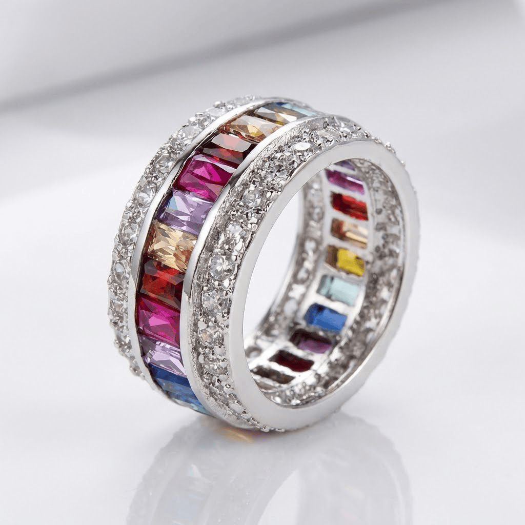 ANILLO DE PLATA CON PIEDRAS PRECIOSAS ARCOÍRIS