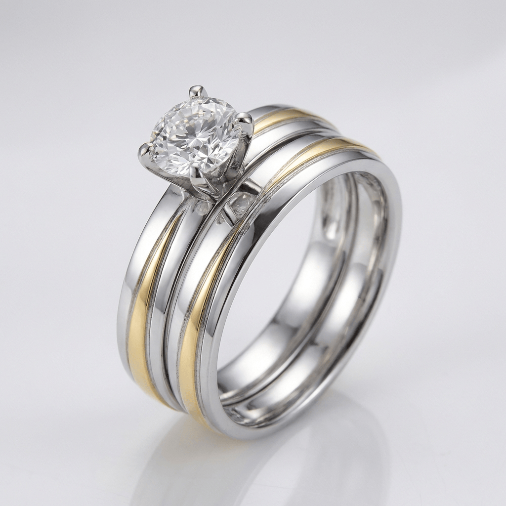 ANILLO DE PLATA CON RAYAS DE ORO Y DIAMANTES