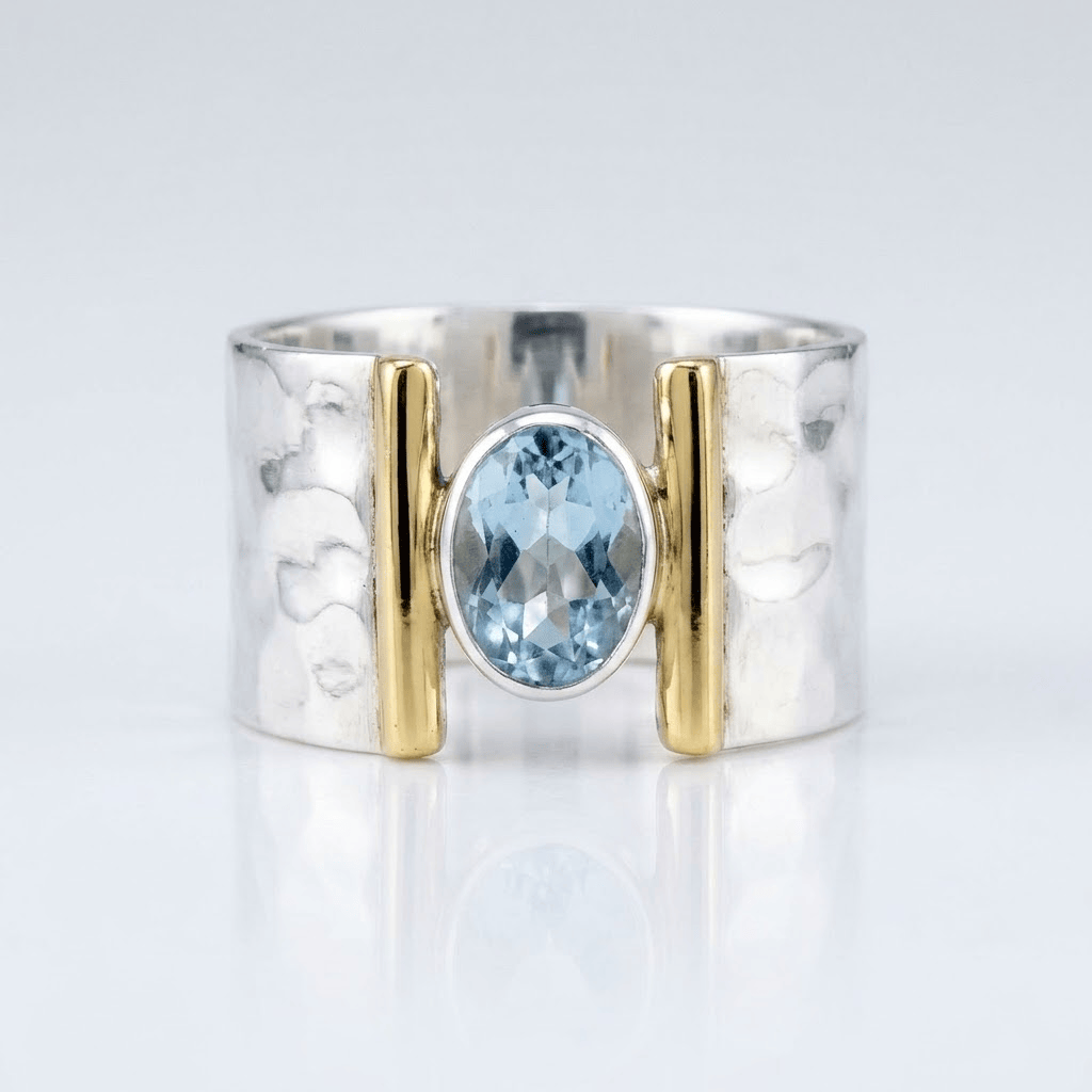 ANILLO MODERNO DE PLATA, ORO Y TOPACIO