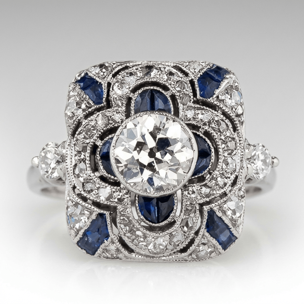 ANILLO VINTAGE DE PLATA, DIAMANTES Y ZAFIROS