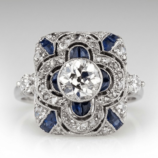 ANILLO VINTAGE DE PLATA, DIAMANTES Y ZAFIROS