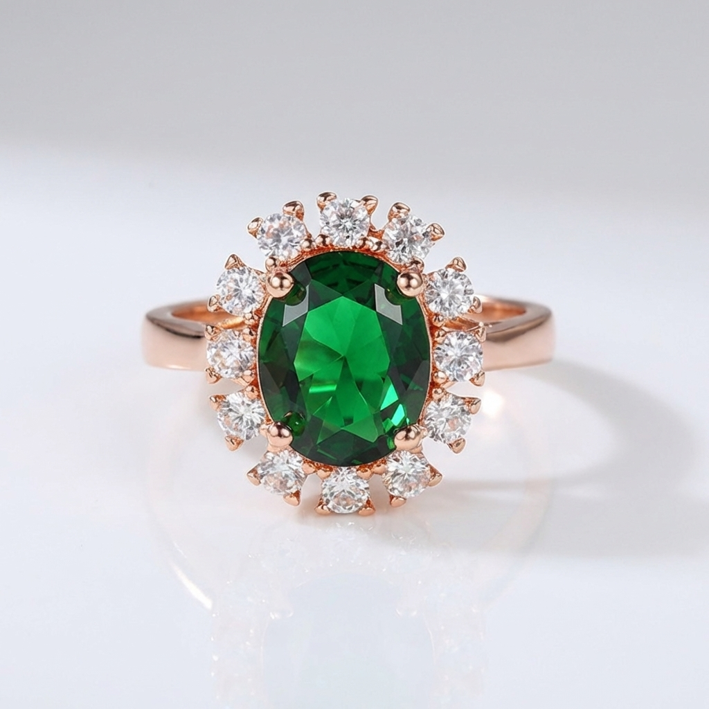 ANILLO DE ORO ROSA CON ESMERALDAS Y DIAMANTES CON HALO - (AJUSTABLE)