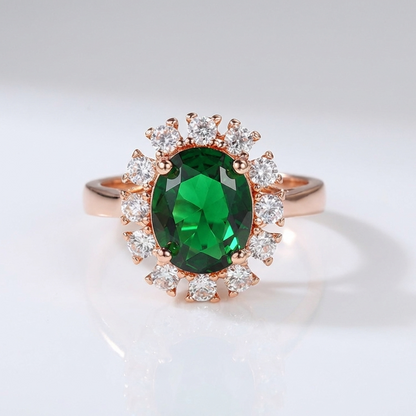 ANILLO DE ORO ROSA CON ESMERALDAS Y DIAMANTES CON HALO - (AJUSTABLE)