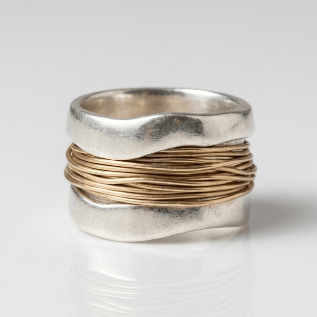ANILLO DE PLATA Y ORO HECHO A MANO CON ENVOLTURA DE ALAMBRE