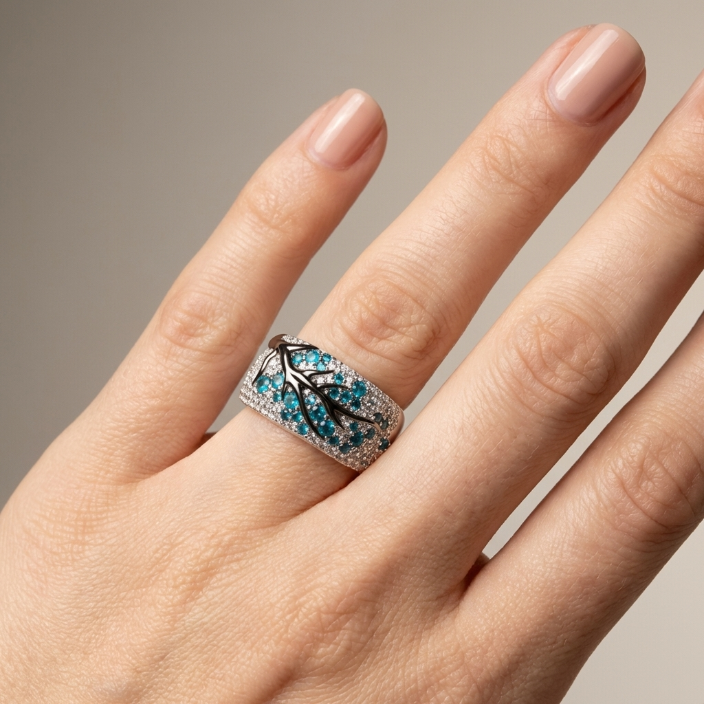 ANILLO DE HOJA DE TOPACIO AZUL Y PLATA