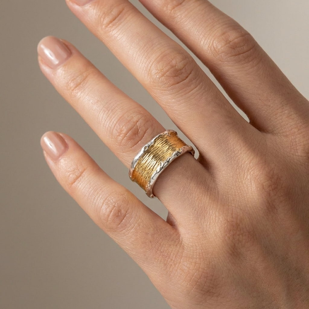 ANILLO BICOLOR DE ORO Y PLATA HECHO A MANO (AJUSTABLE)