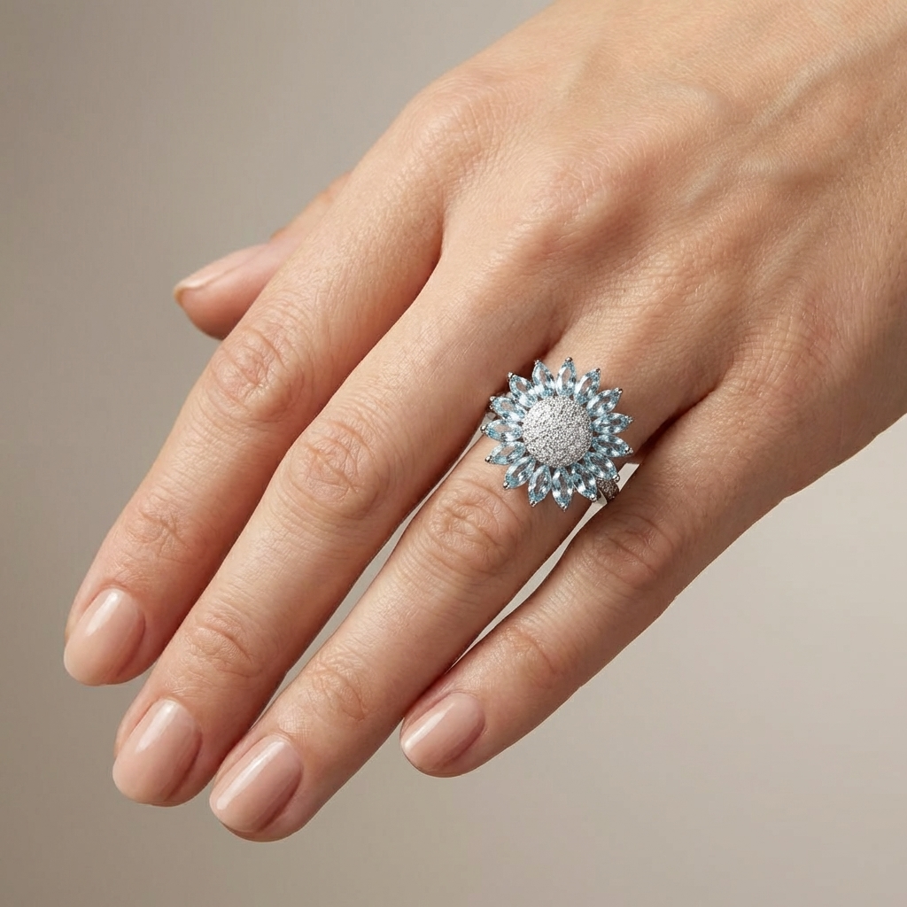 ANILLO DE FLOR DE TOPACIO AZUL Y PLATA