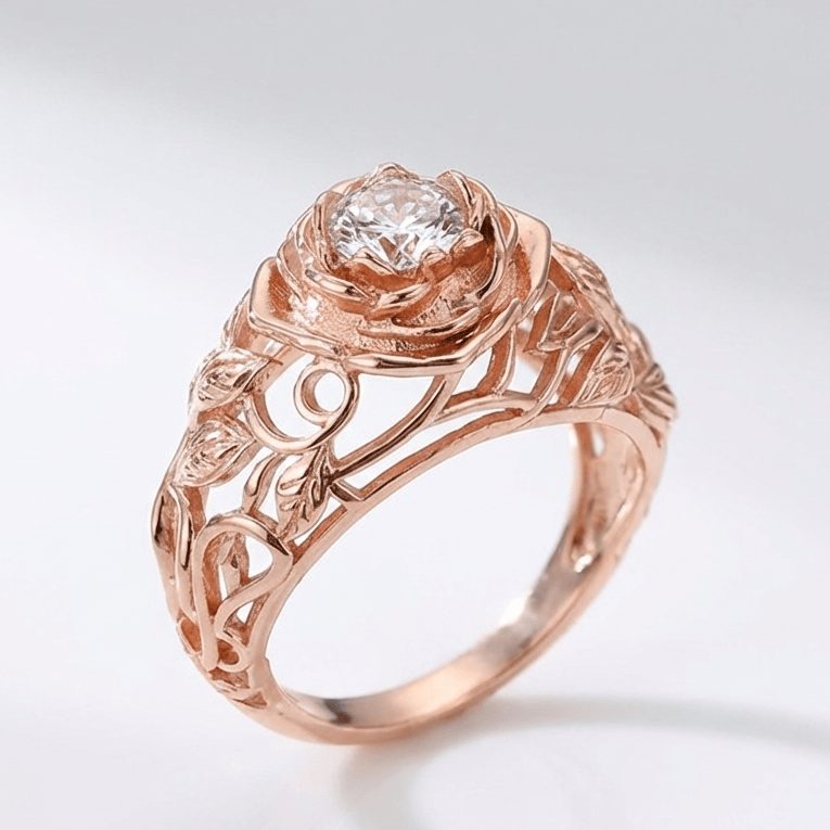 ANILLO VINTAGE TALLADO CON ROSA DE CIRCONIA