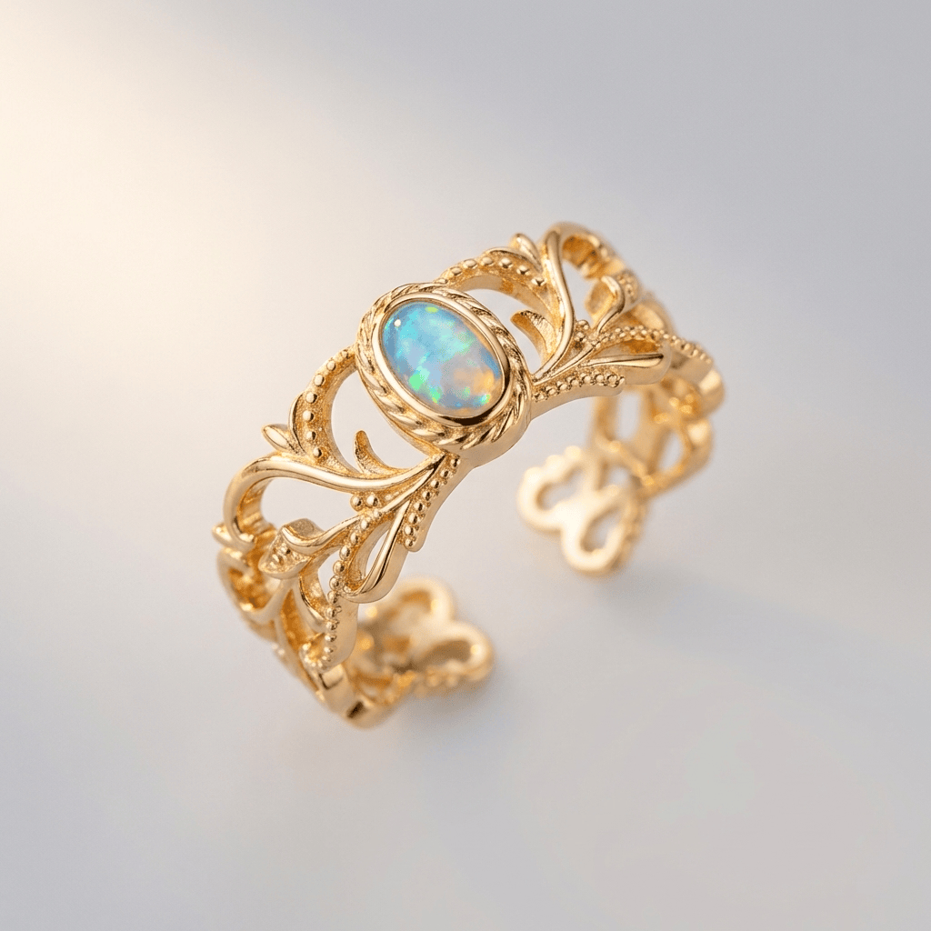 ANILLO DE ALAS CELESTIALES DE ÓPALO Y ORO ROSA - (AJUSTABLE)