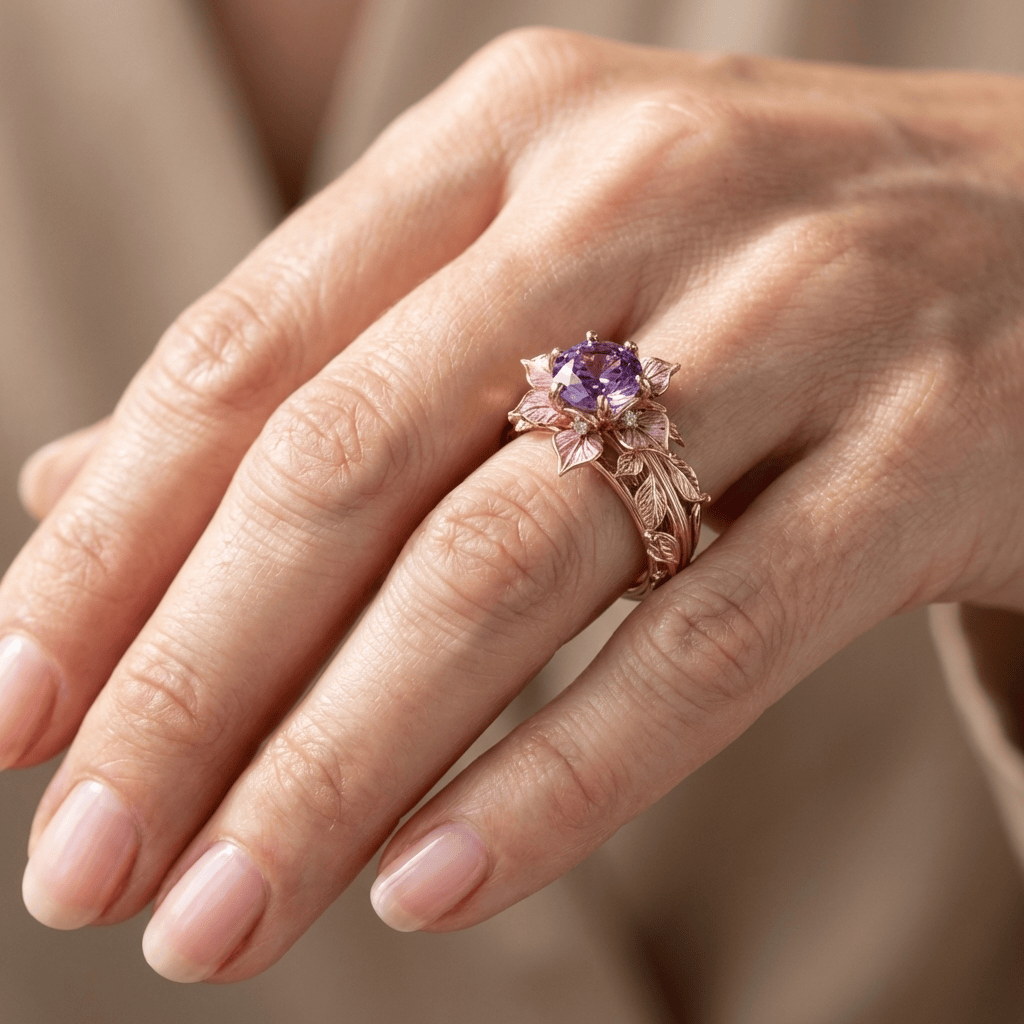 ANILLO DE ORO Y FLORA MORADA