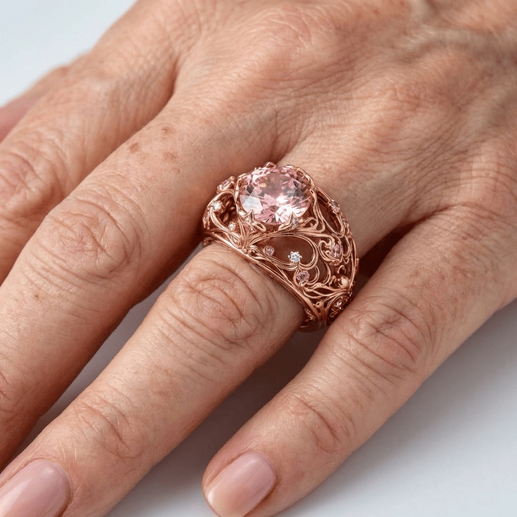 ANILLO ORNAMENTADO DE TURMALINA Y ORO ROSA