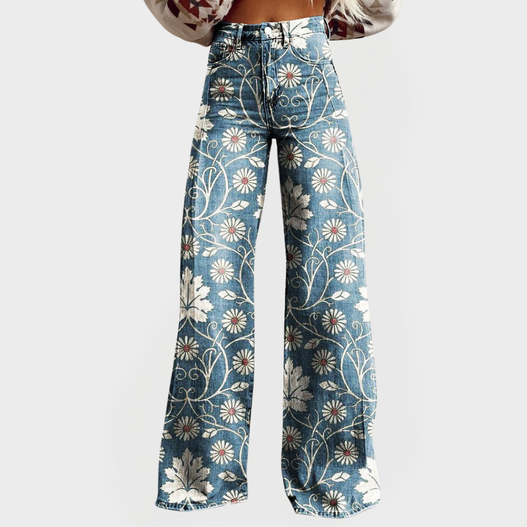 Pantalones de mezclilla florales elegantes de pierna ancha