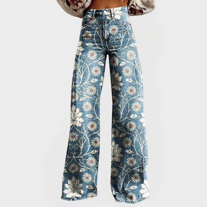 Pantalones de mezclilla florales elegantes de pierna ancha