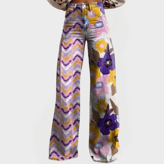 Pantalones de mezclilla elegantes de pierna ancha y estampados