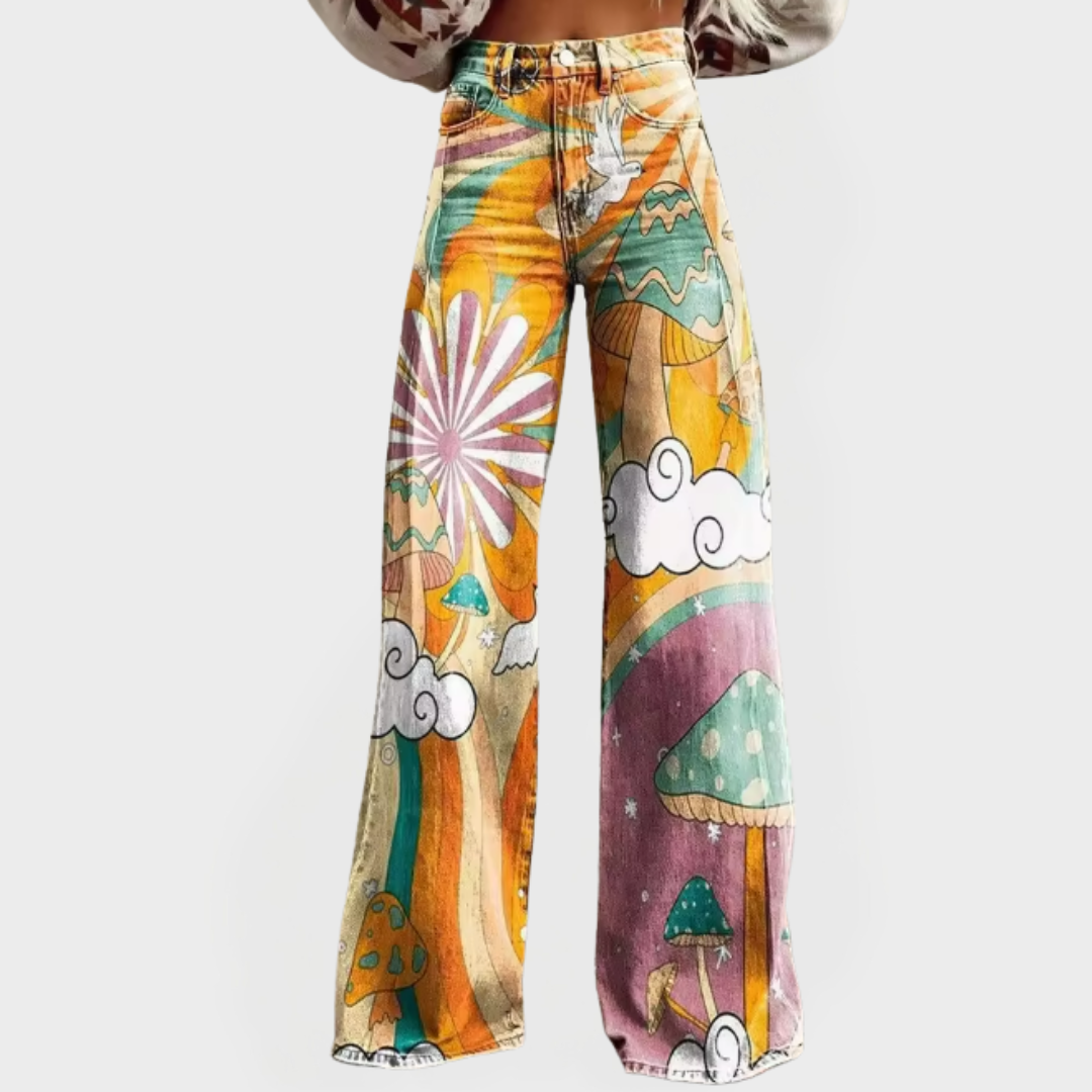 Pantalones de mezclilla con diseño de hongos psicodélicos