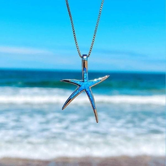 Collar De Estrella De Mar De Ópalo Azul Y Plata