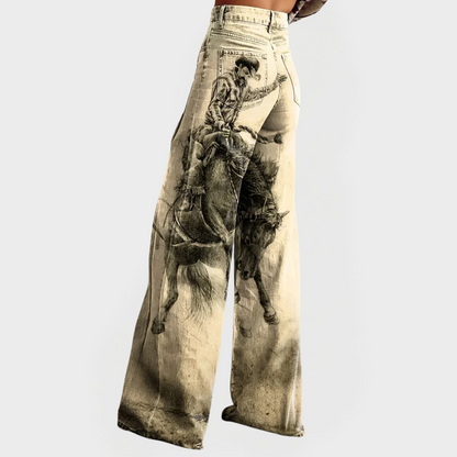 Pantalones de mezclilla elegantes de pierna ancha y estampados