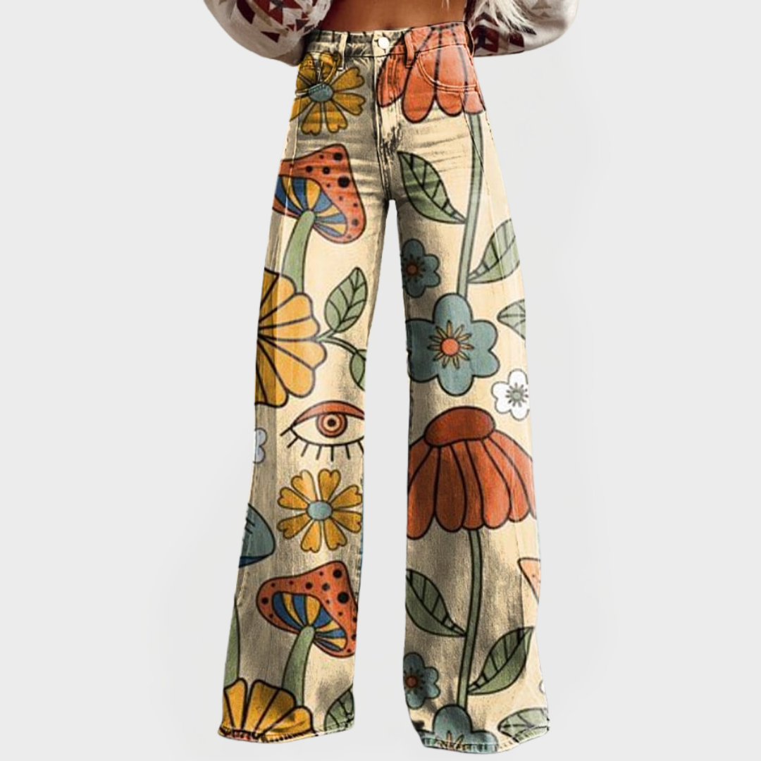 Pantalones de mezclilla de pierna ancha con diseño floral retro