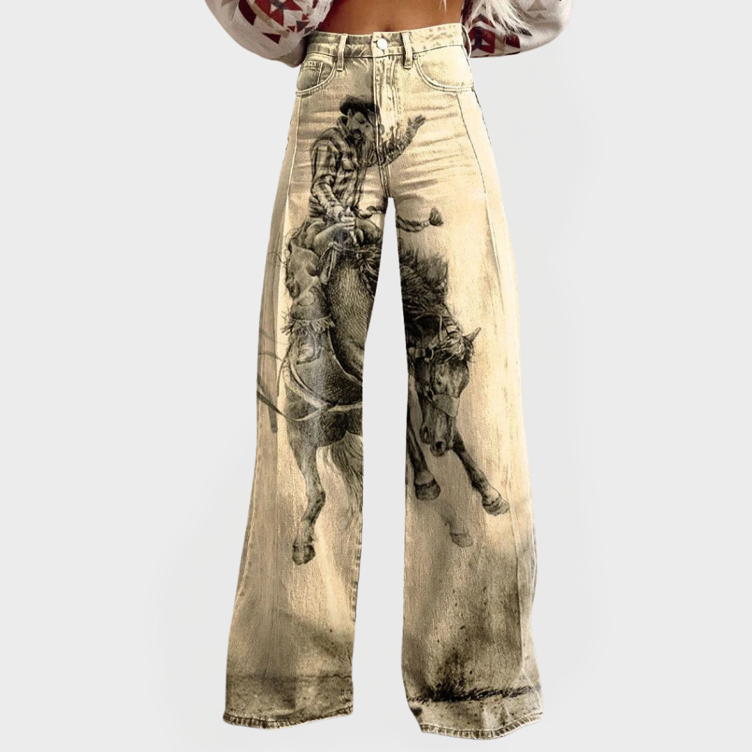 Pantalones de mezclilla elegantes de pierna ancha y estampados