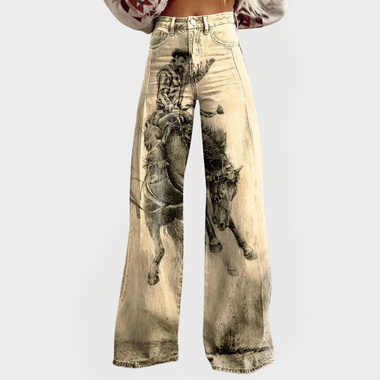 Pantalones de mezclilla elegantes de pierna ancha y estampados