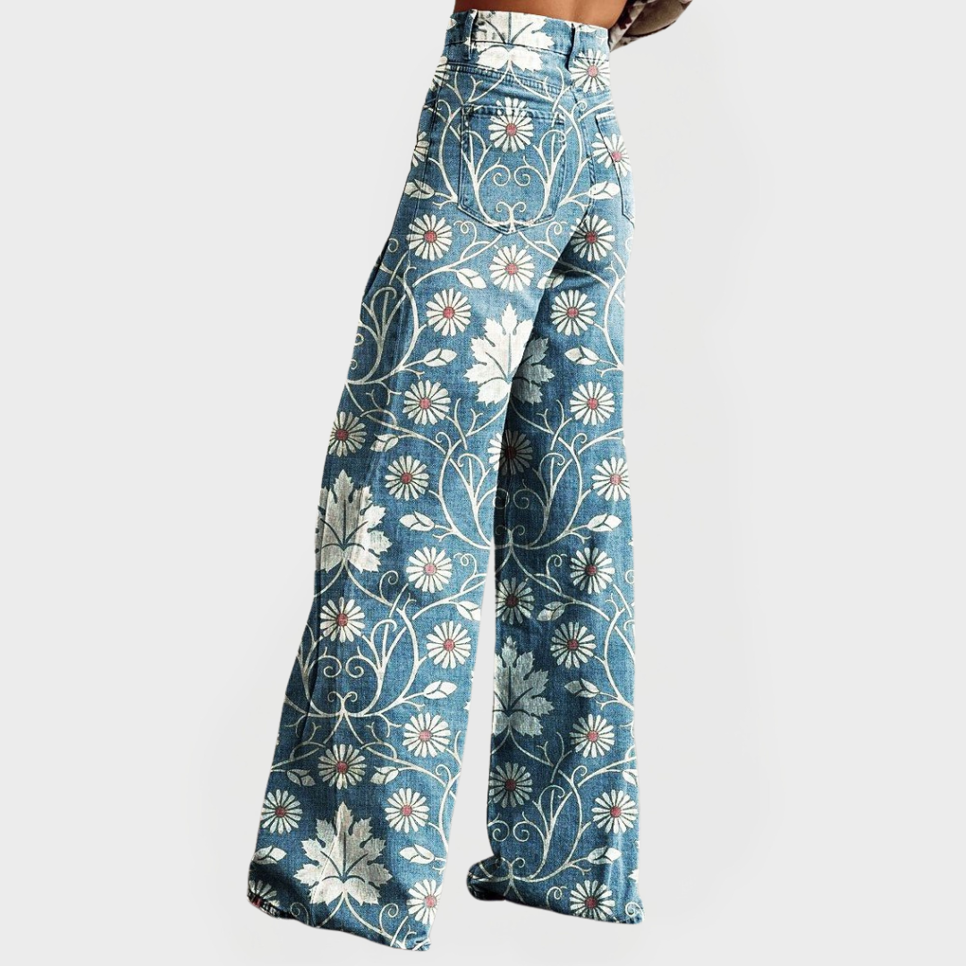 Pantalones de mezclilla florales elegantes de pierna ancha