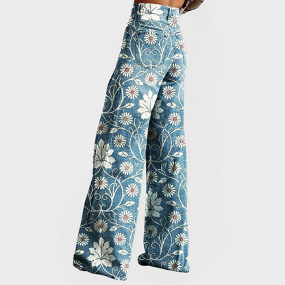 Pantalones de mezclilla florales elegantes de pierna ancha