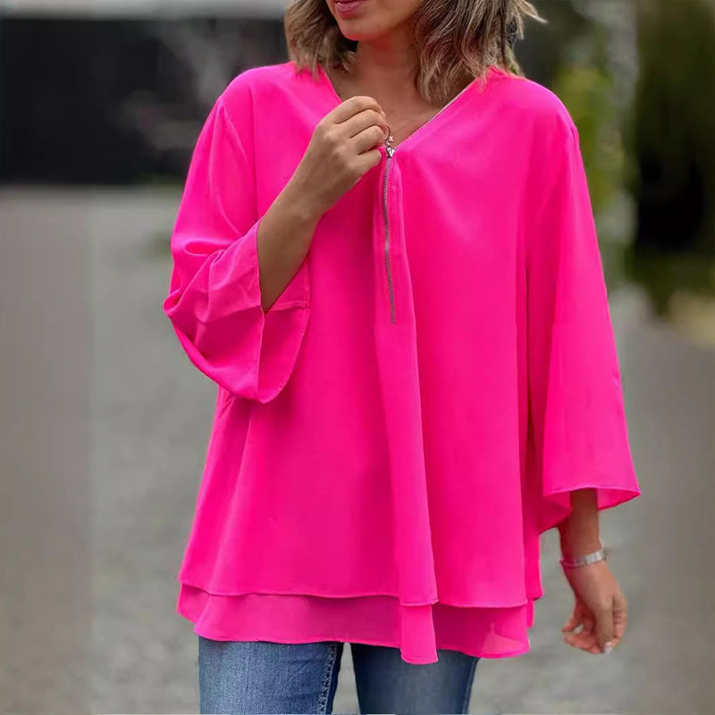 Lola - V-Neck Flowy Zipped Top