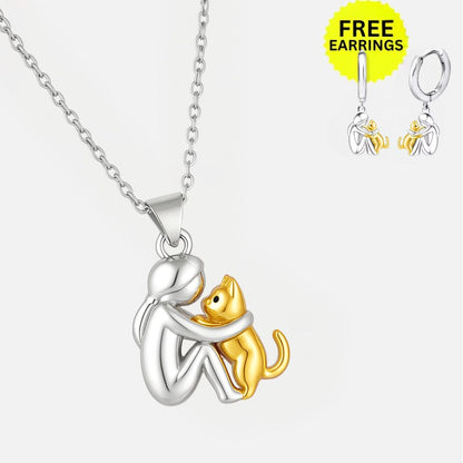 SET Collar con Colgante de Gato Abrazando y Pendientes de Regalo – Oferta por Tiempo Limitado