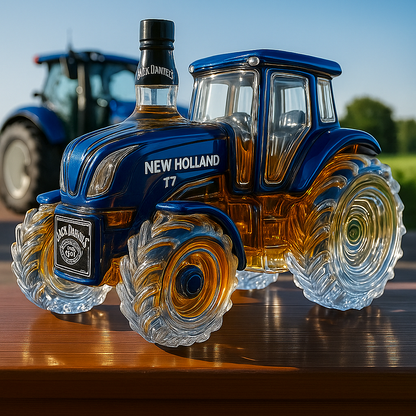 Whisky clásico de la casa con forma de tractor New Holland T7.