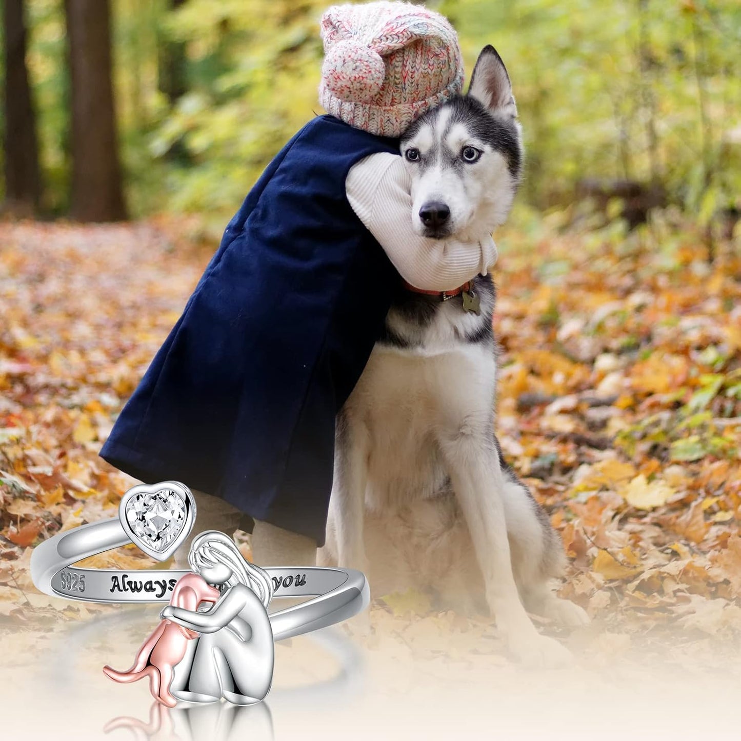 Anillo Ajustable Abrazo de Perro en Plata de Ley 925 – “Siempre en mi corazón” con circonita