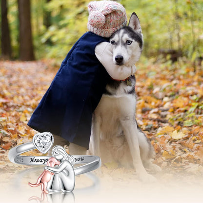 Anillo Ajustable Abrazo de Perro en Plata de Ley 925 – “Siempre en mi corazón” con circonita