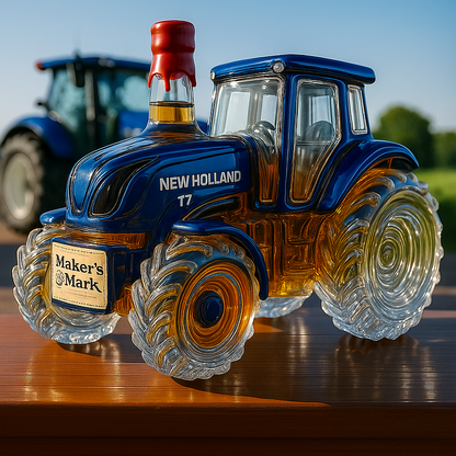 Whisky clásico de la casa con forma de tractor New Holland T7.