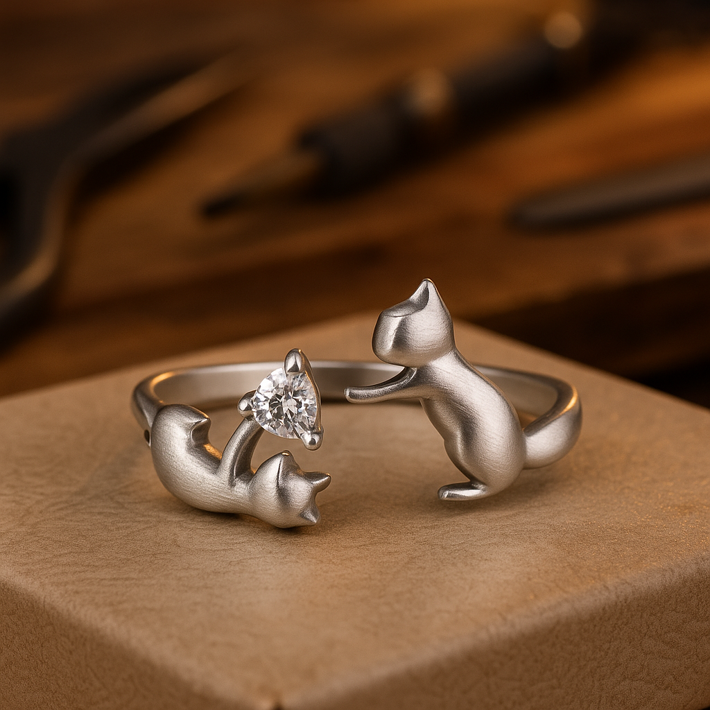 Anillo Ajustable De Plata De Ley Con Diseño De Gato Juguetón Y Circonitas.