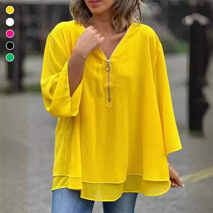 Lola - V-Neck Flowy Zipped Top