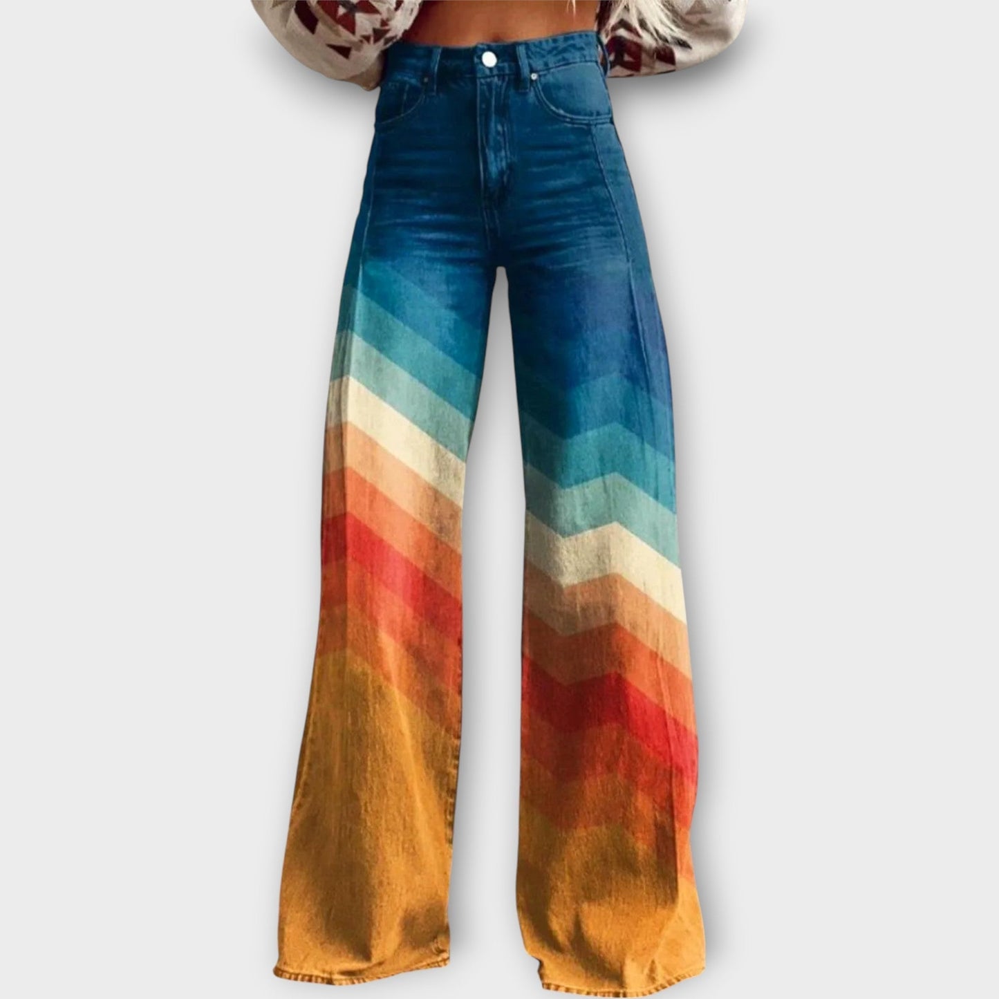 Pantalones de mezclilla con motivos geométricos de colores